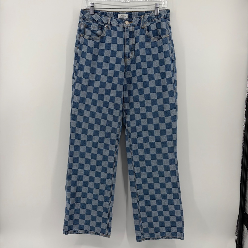 Forever 21 Womens 28 Blue Checkerboard Straight Leg High Rise Denim Jeans